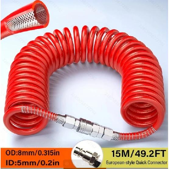 Air compressor hoses & accessories: 8mm high-pressure spring hose (15Bar, 5/10/15M). High-pressure PU yarn-wrapped, 3-layer poly