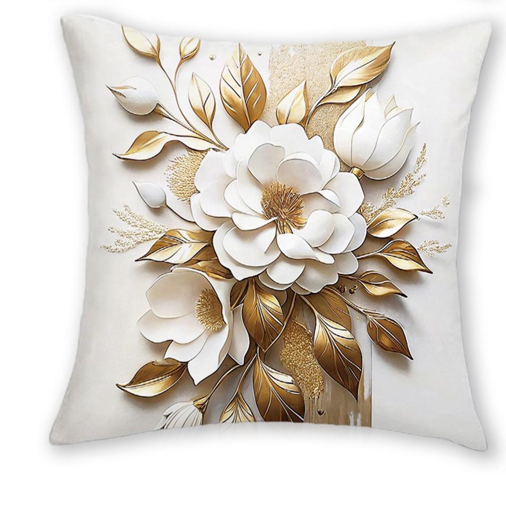 Elegant Gold - and - White Floral Pillow CoversLiving Room Sofa Cushion Cover, Soft and Comfortable, Bedroom Room Decoration