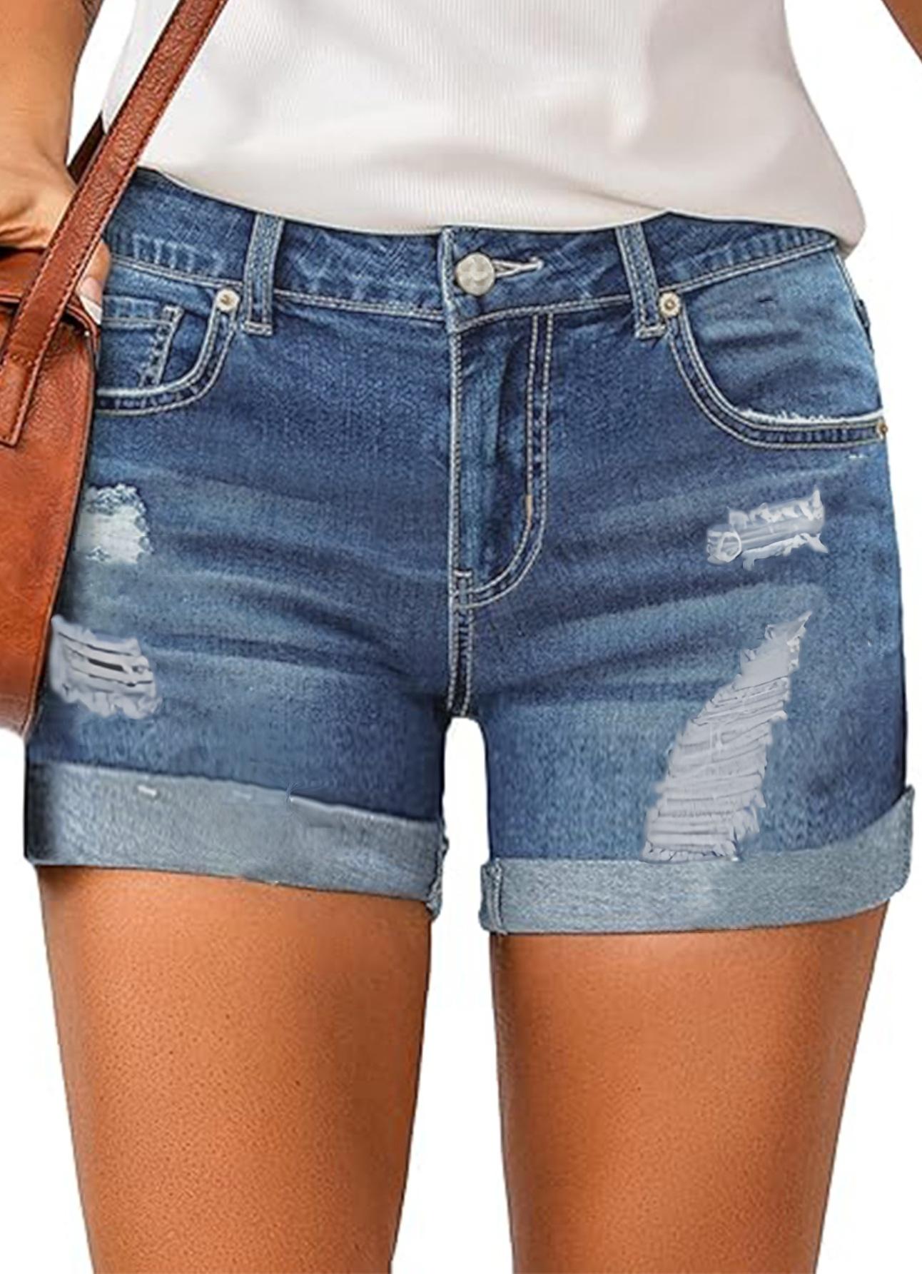 Women s Mid Rise Denim Shorts Straight Cut Shorts Streetwear Ripped Cuffed Hem Spring Casual Multi Color Bottoms S синий