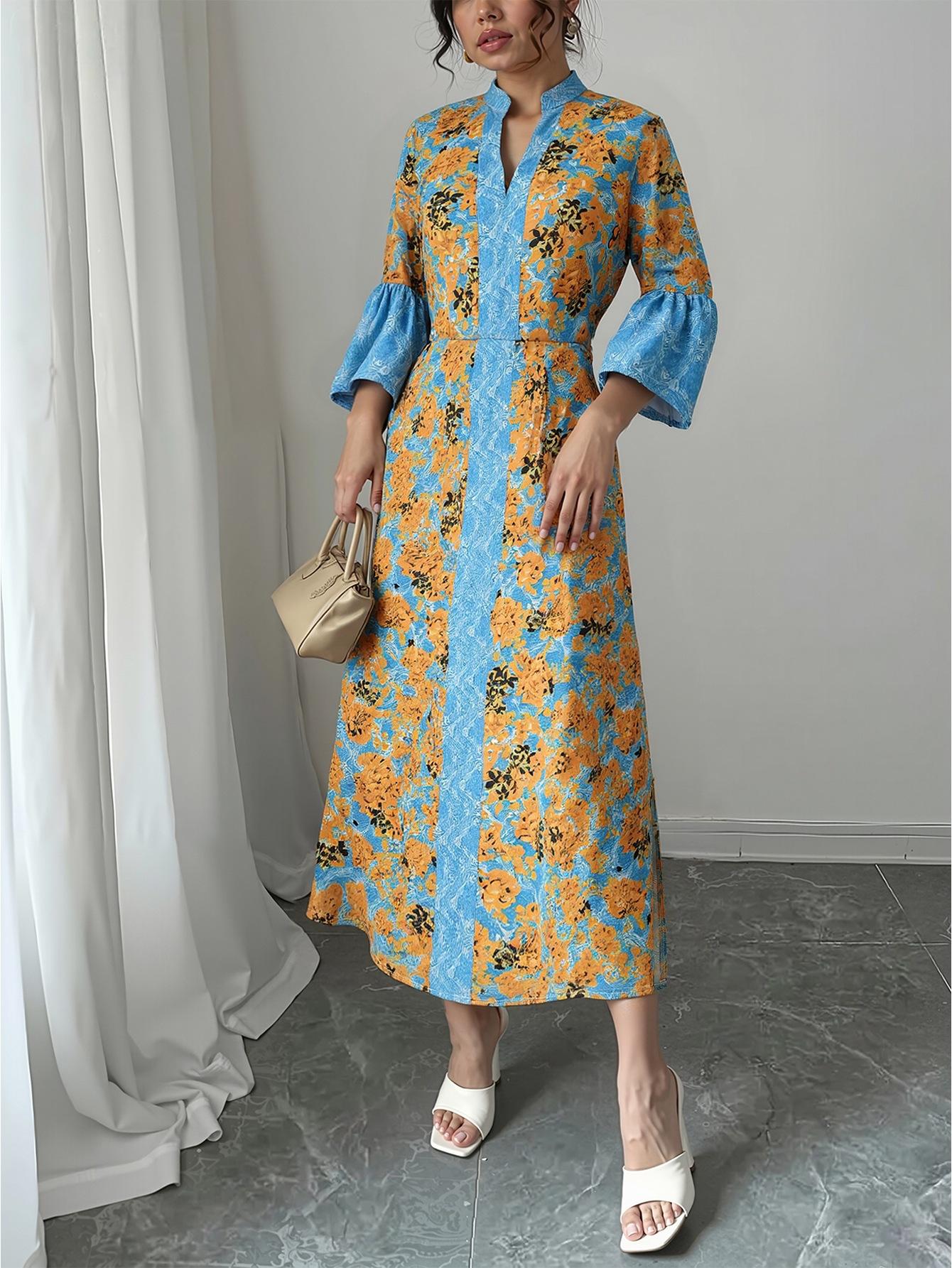 Women s French Trumpet Sleeve Flower Print V-Neck Dress Summer and Autumn S синий