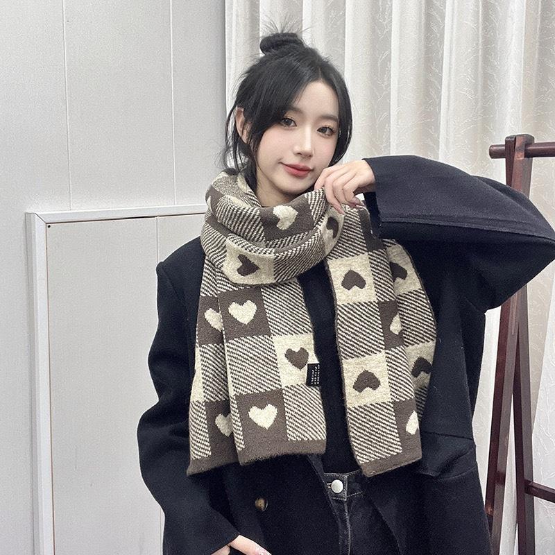 Love double-sided knitted scarf women's winter high-end checkerboard scarf, Korean version of versatile thickened warm scarf