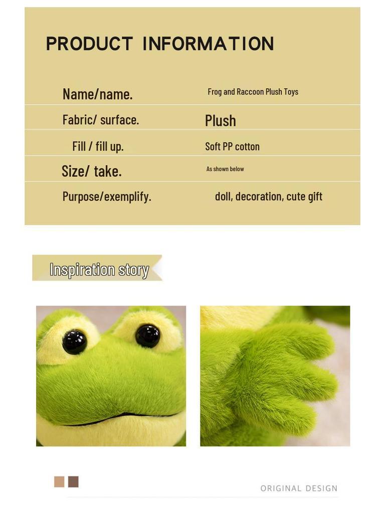 Plush Toy: Green Frog, Sleepy Raccoon, Panda Pillow - Children's Gift