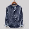 Men's Retro Shirt Solid Color Cotton Line Stand Collar Long Sleeve Large Size Shirt