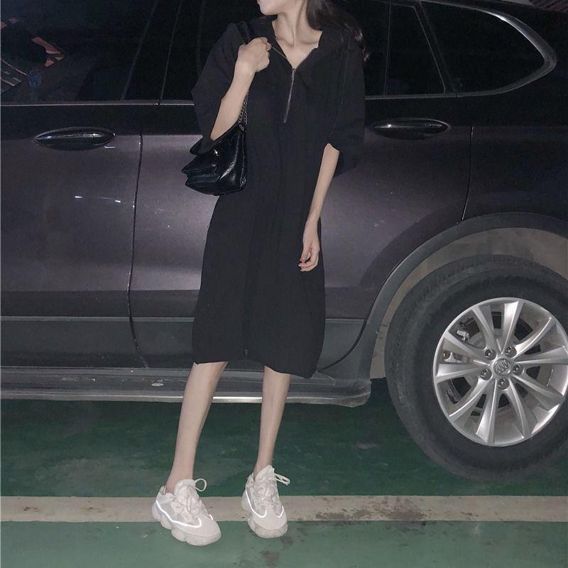 

2026 Summer Korean-Style Plus Size Hooded Dress: Loose, Slimming, Mid-Length with Seven Sleeves M [40-58 kg] чорний