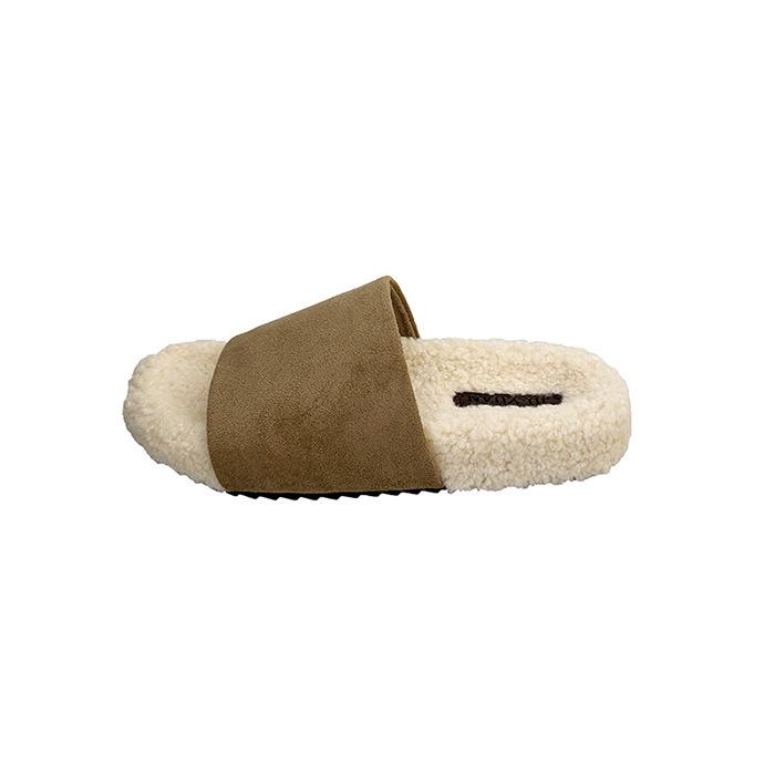 Flat-bottomed cotton slippers for women to wear autumn and winter new retro one-word open-toed fluffy slippers