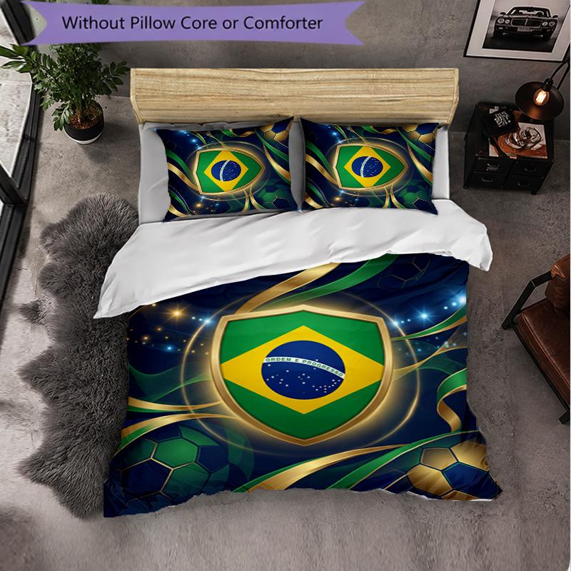 Brasilien Fußballmuster 3-teiliges Bettwäsche-Set Weiche Mikrofaser-Bettbezug mit Kissenbezügen für das Schlafzimmer