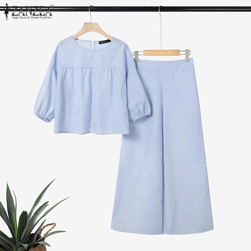 ZANZEA Damen 3/4-Ärmel Bluse und Hose Lässige Streifenprint Zweiteilige Sets
