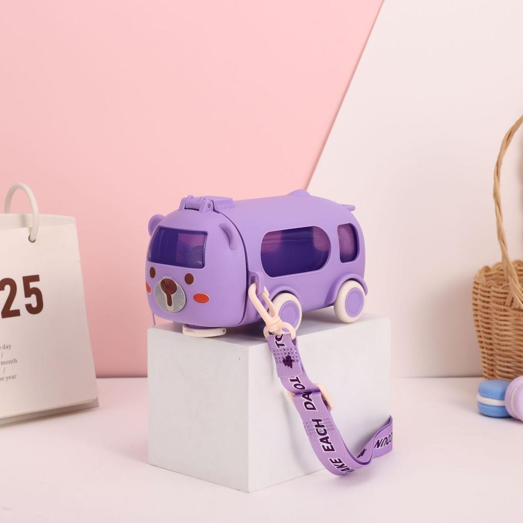 Water Bottle High Value Baby Bus Cartoon Children Water Cup Kindergarten Student Straw Cup Outdoor Portable Strap Kettle
