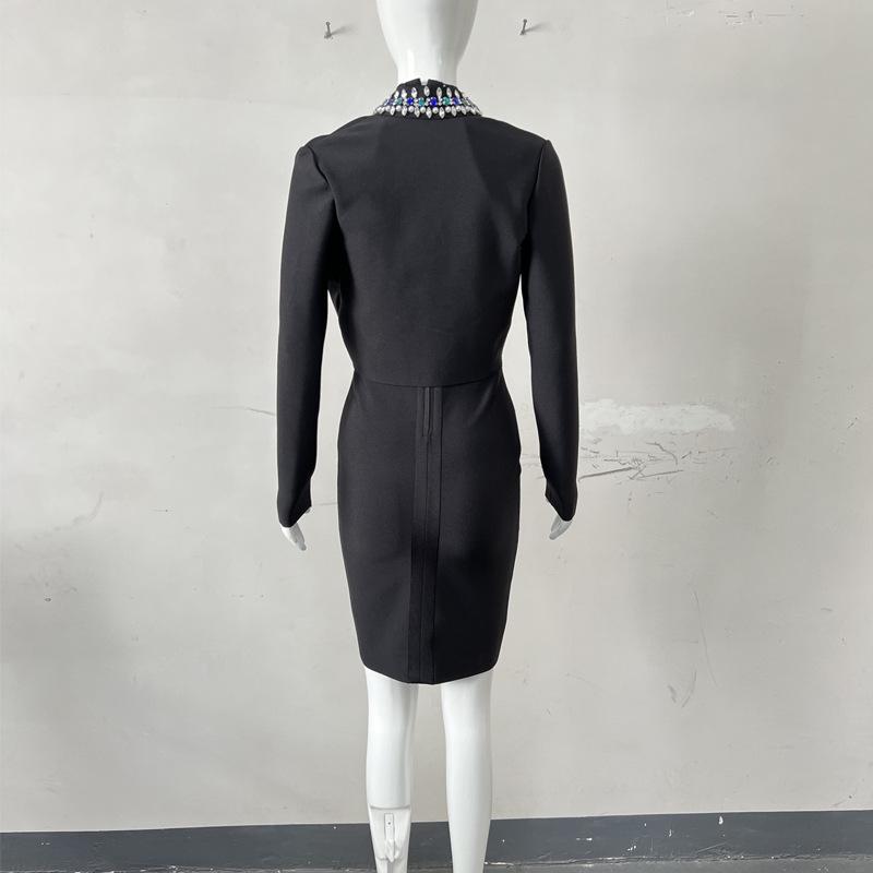 Black Rhinestone Long Sleeve Bandage Top and Short Jacket Evening Dress