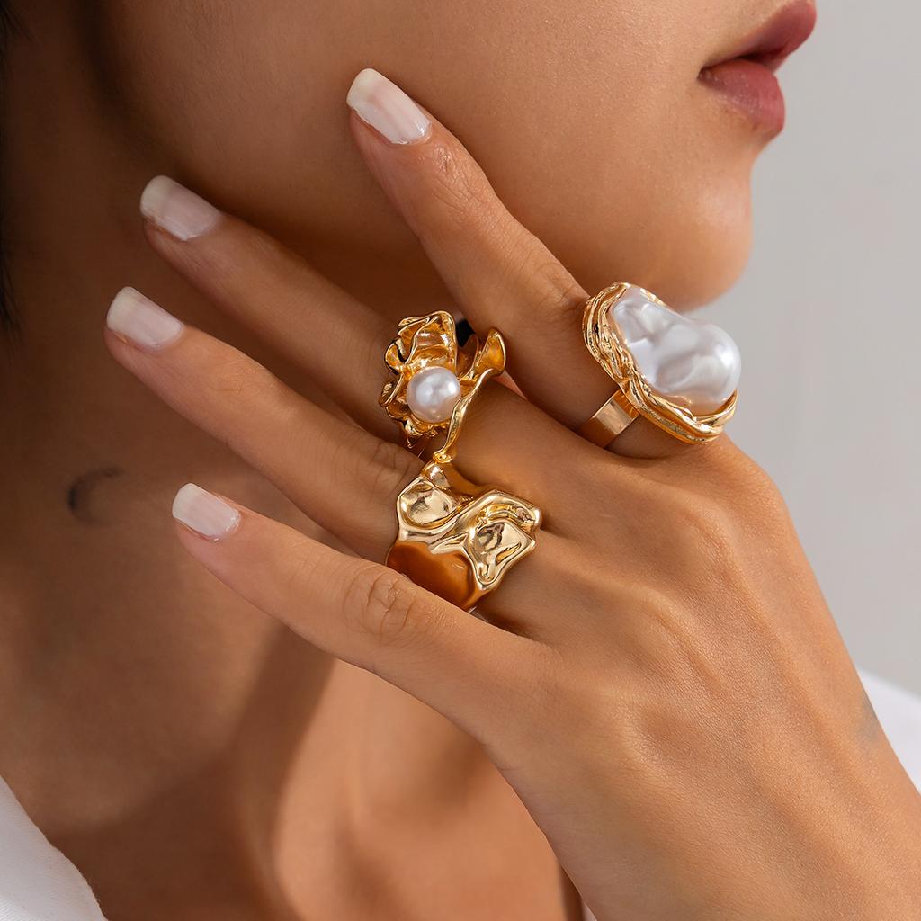 Liquid Metallic Glossy Metal Rings Set for Women Men Asymmetrical Open Elegant Gold Silver Color Adjustable Pearl Rings Punk Geometric Party Jewelry