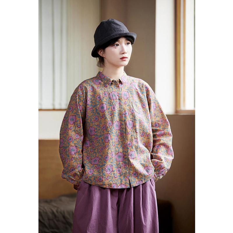 Women s Cotton Linen Loose-Fit Retro Printed Shirt with Lapel L розовый/баклажановый