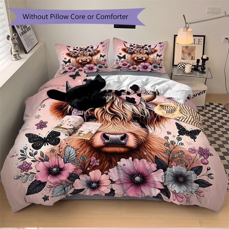 3pcs Domineering Cow & Flower Design Pattern Bedding Set, 1* Cover + 2*Pillowcases, Printed Bedding Set, Soft and ComfortableM051