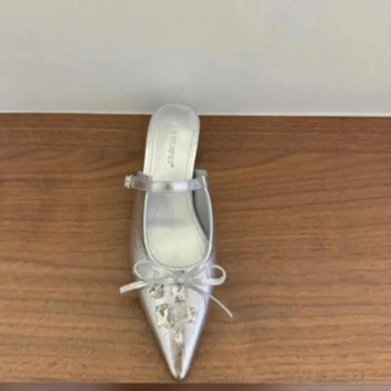 Luxury Crystal Women Flats Slippers Bow Pointed Toe Elegant Mules Shoes 2025 Summer Fashion Flip Flops Slides Sandalias Mujer