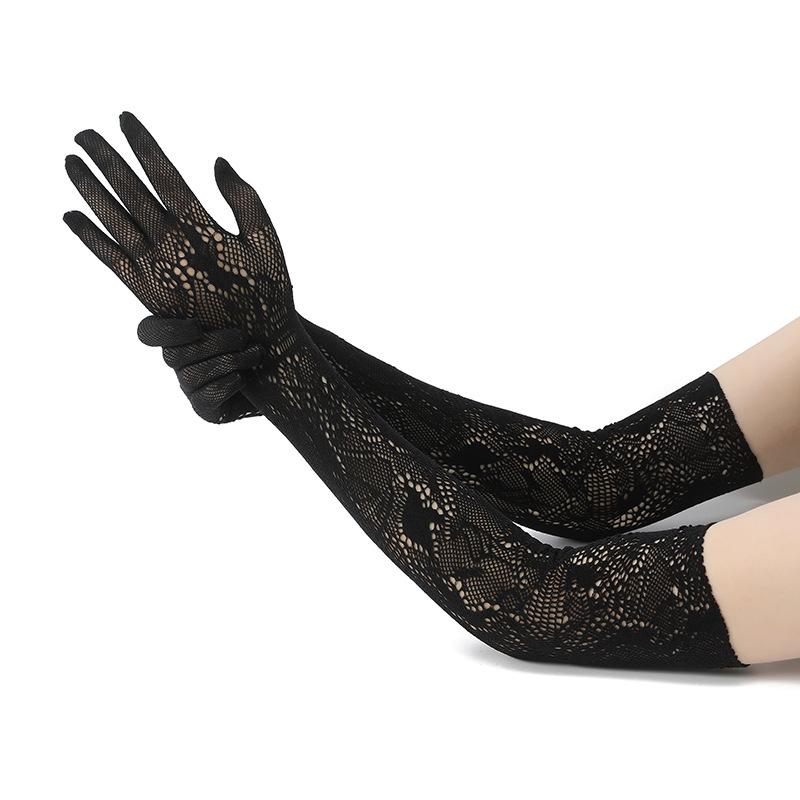 Thin Hollow Fishing Net Women Sexy Lace Floral Pattern Long Gloves Cosplay Wedding Dress Bridal High Elasticity Mesh Gloves