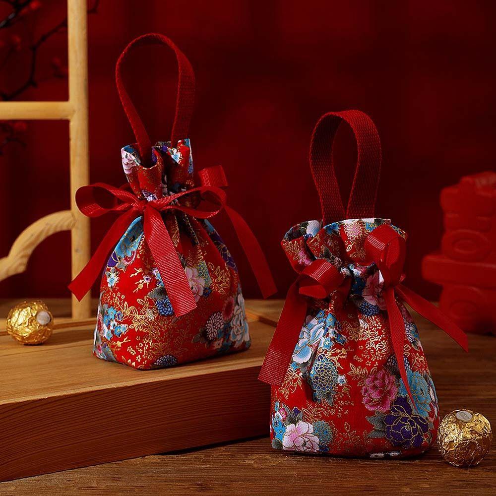Floral Flower Drawstring Bag Satin Bow Festive Sugar Bag Portable Canvas Wrist Bag  Wedding