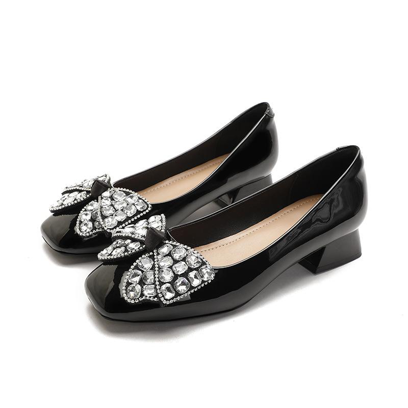 French low-heeled single shoes 2025 new spring and autumn women's shoes bow rhinestone thick heel red wedding shoes square head high heels