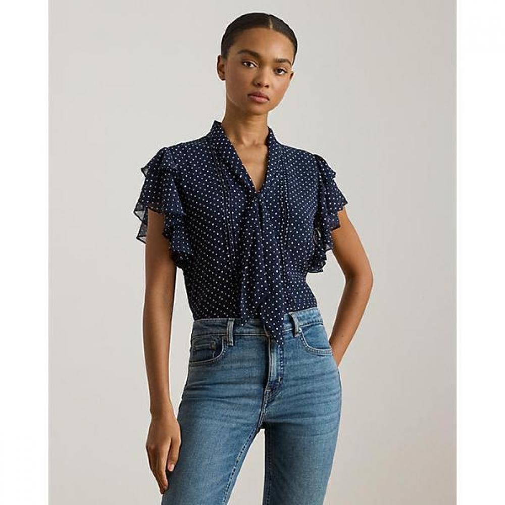 Lauren Ralph Lauren Polka Dot Georgette Tie Neck Blouse XS