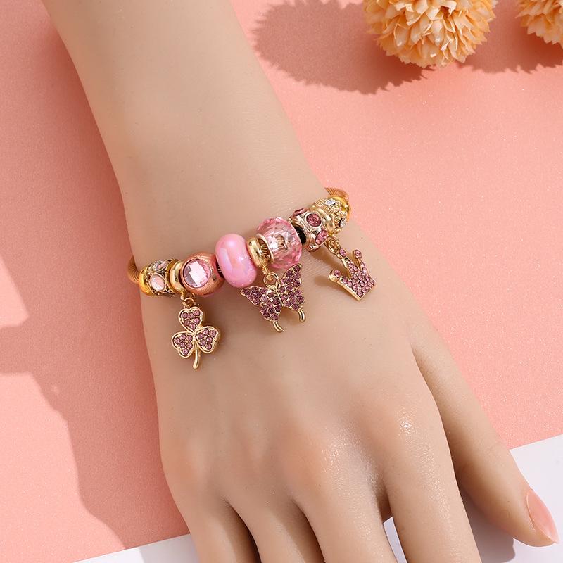 Luxury Crystal Bear Crown Clover Charms Bracelets for Women Girls Lovely Stainless Steel Bangle Accessories Gifts for Friends