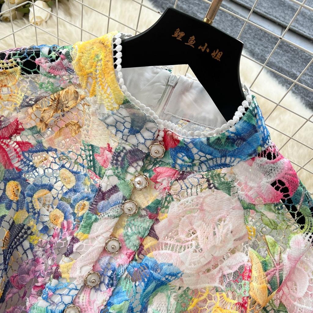 Elegant Embroidery Fancy Flower Lace Evening Maxi Dresses Women Spring Summer Single Breasted Printed Party Shirt Dress