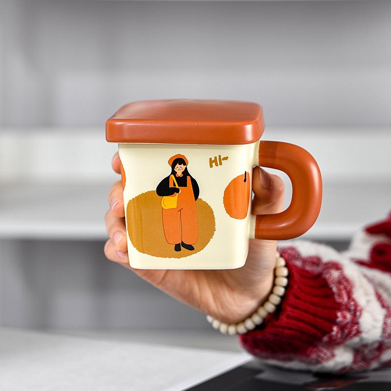 High Value Style Square Ceramic Mug with Lid Dustproof Office Couple Girl Drinking Water Cup for Home