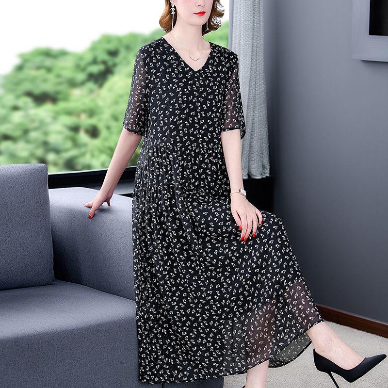 Vintage Damen Schwarzes Blumenkleid Koreanische Mode Sommer Neu Große Größe Halbarm V-Ausschnitt Pullover Lässiges Damen Gaze Langes Gewand