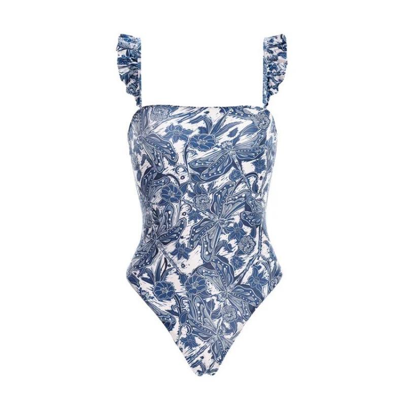 European and American swimwear women s blue dragonfly ruffle edge one-piece swimsuit and umbrella skirt set S
