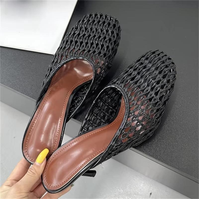 Eilyken Summer Hollow Out Breathable Mesh Weaving Women Slippers Thin Heels Party Dress Mule Shoes Big Size 43