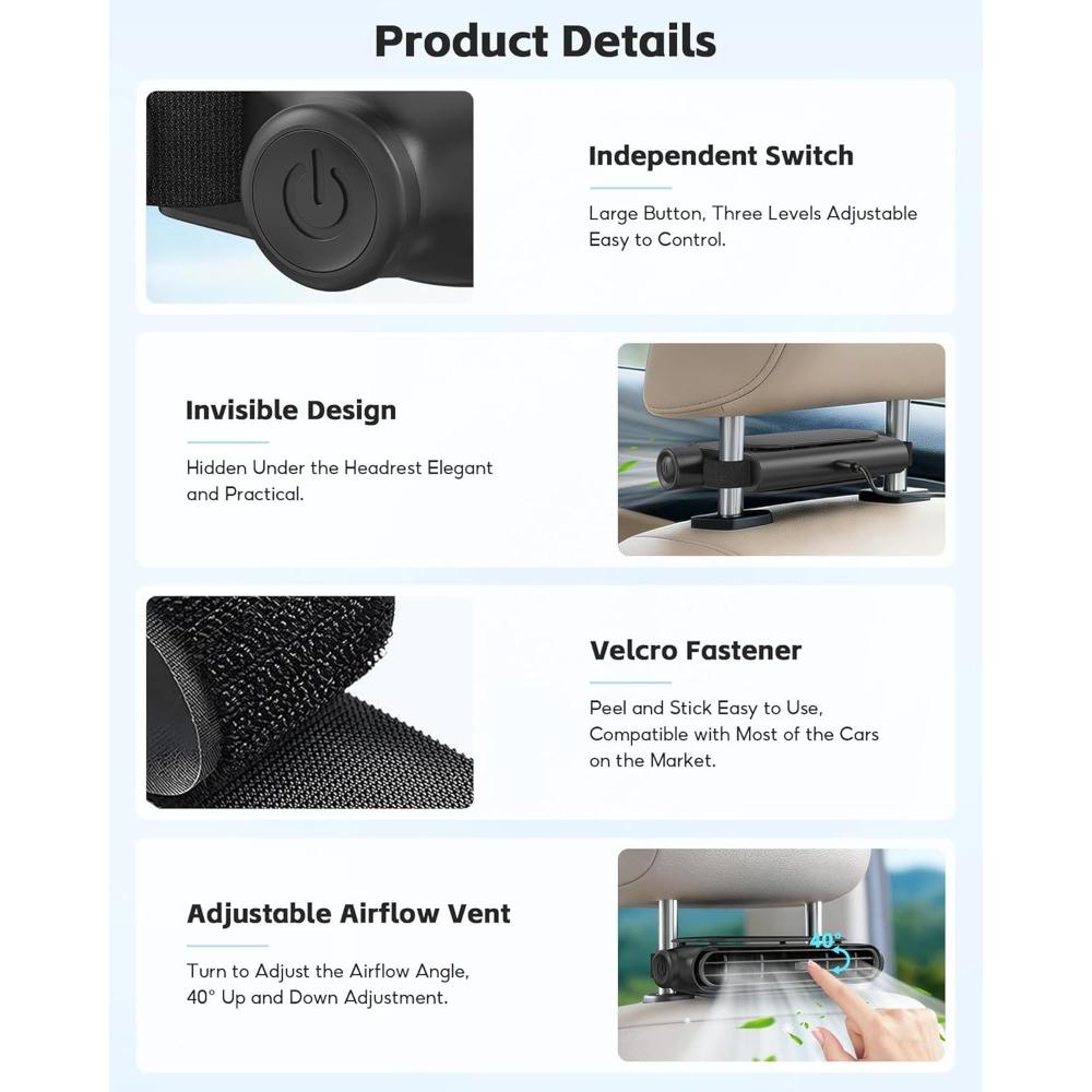 New Upgraded Car Seat Back Fan, Dual Airflow Bladeless Cooling Fan For Baby Rear Facing, 3-speed Quiet USB Backseat Headrest Fan
