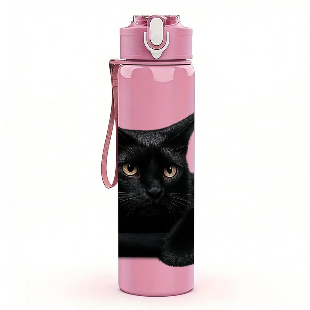 1PC Elegant Black Cat Resting 750ml Color Plastic Sports Water Bottle Leakproof Flip Straw Lid Suitable for Sports Office Home Use