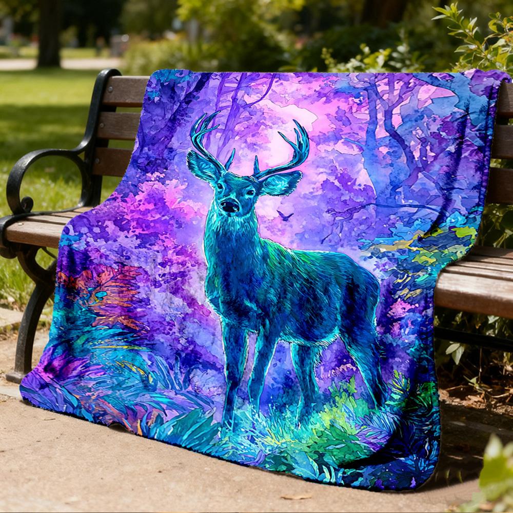 1pc Deer Fantasy Forest Throw Blanket Polyester Fiber, Lightweight Flannel, Soft & Warm, All Season Use for Outdoor, Camping Digital Print