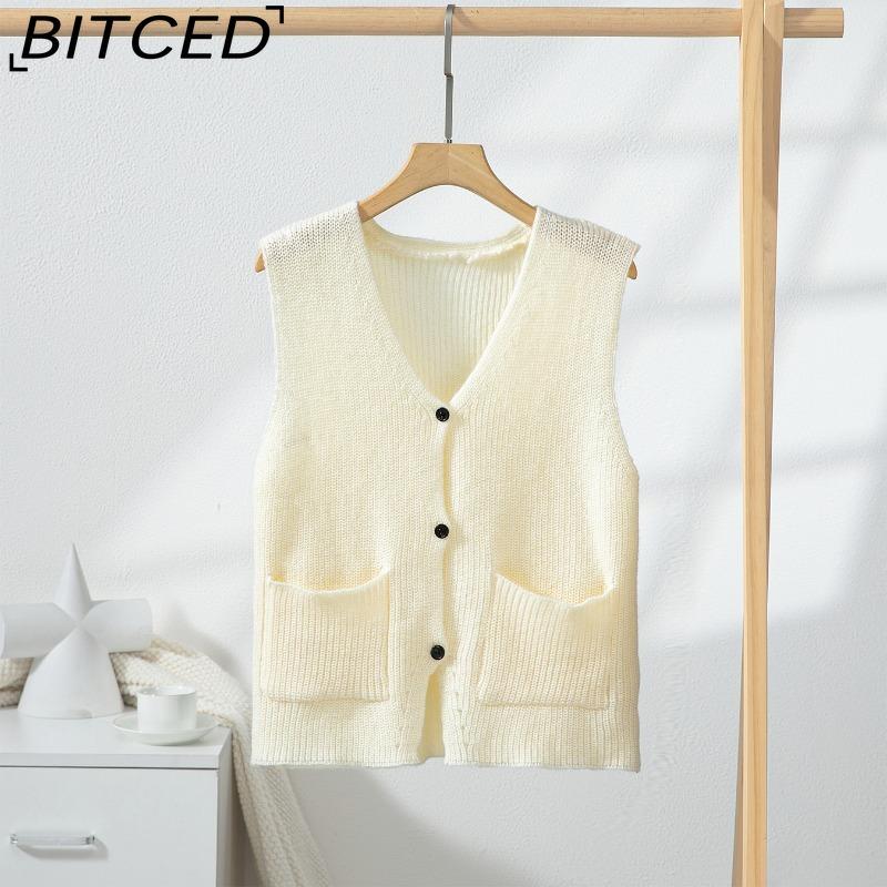 

BITCED Solid Color Single-Button Knit Vest Summer V-Neck Pocket Knit Vest XL абрикосовый