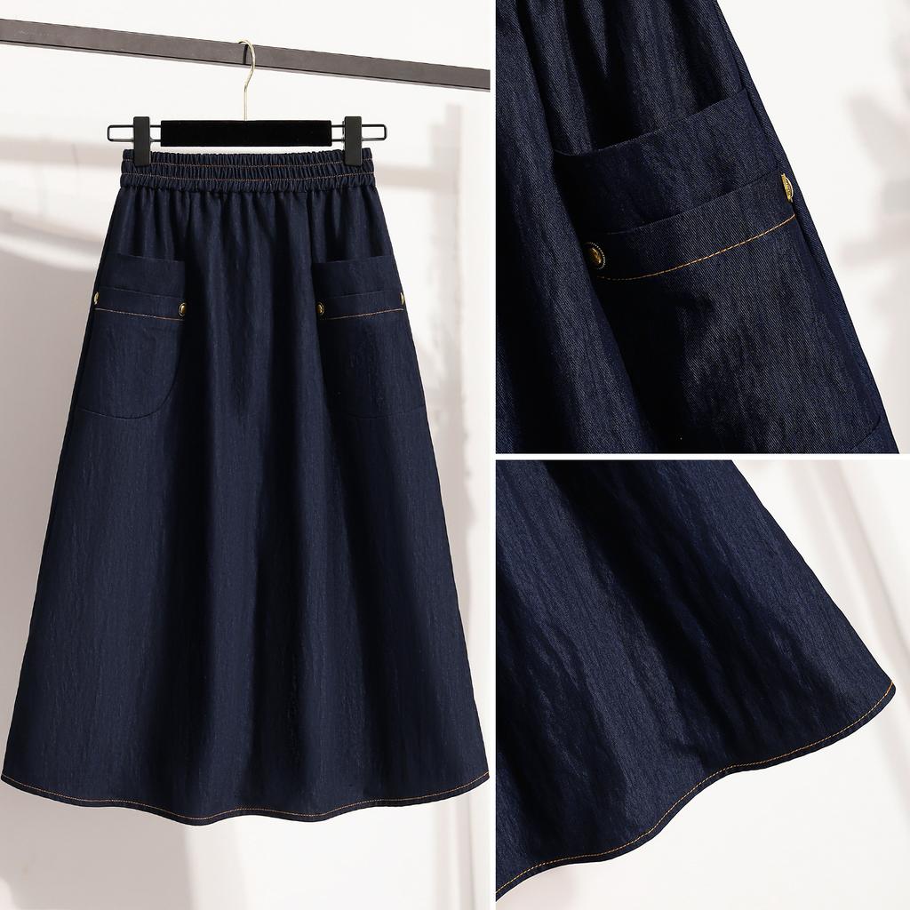 DIMANAF 2026 Summer Plus Size Women Skirts Elastic Waist Denim Blue Oversize Casual Lady Long Skirts Cotton Solid