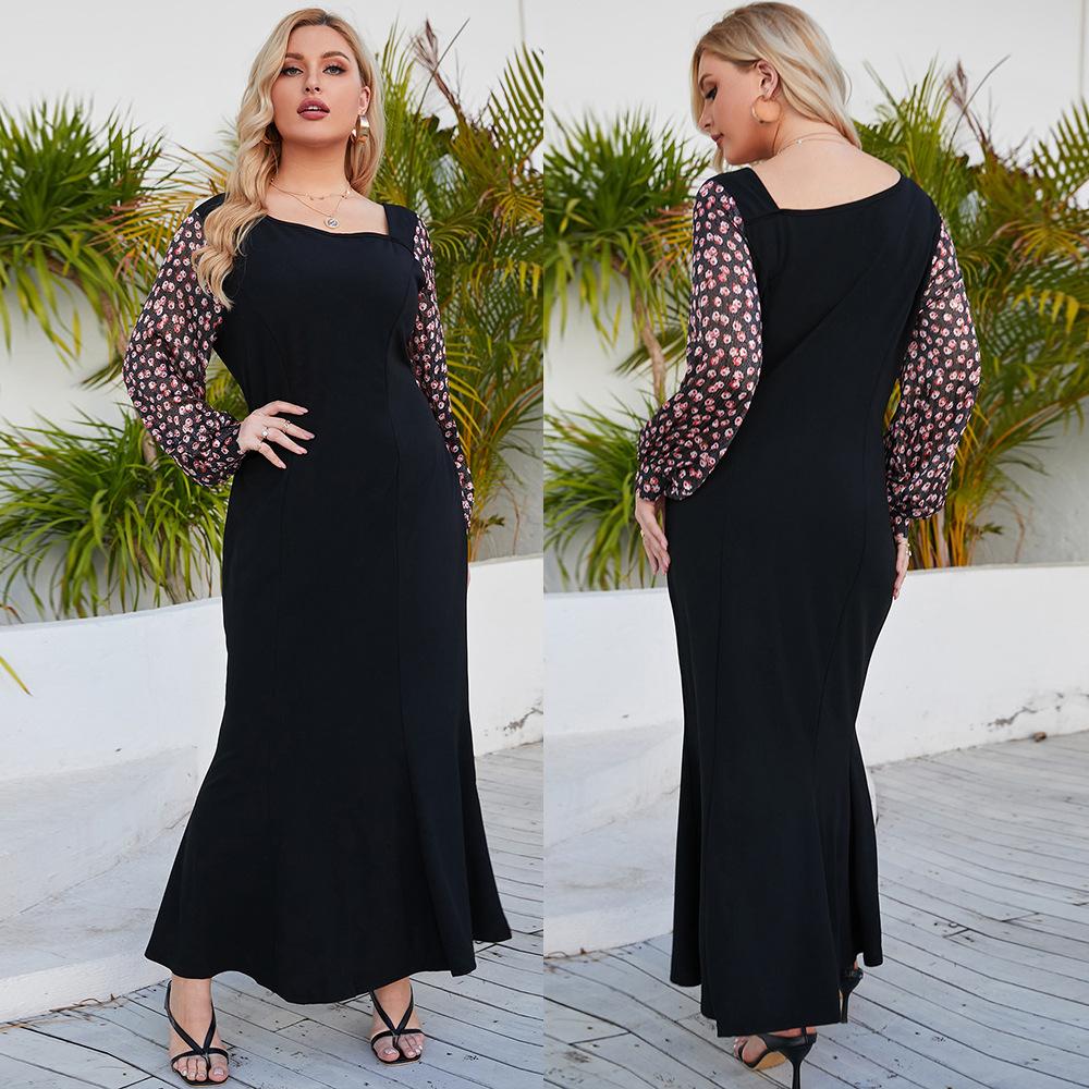 Large Size Women's Dress Spring and Autumn Square Neck Printed Long Sleeve Long Elegant Dresses
