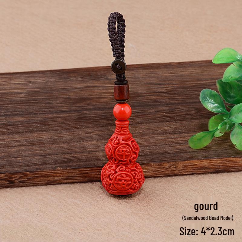 Vermilion Red Year of the Rat Fortune Gourd Keychain Pendant with Sandalwood Bodhi Beads