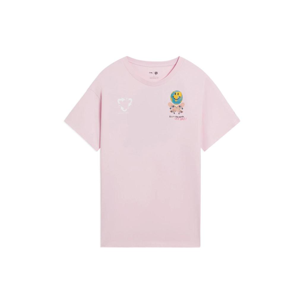 Li-Ning X Og Slick Ss22 Co-Branded Earth Smiley Skateboard Letter Round Neck Cartoon Short Sleeve T-Shirt Unisex Tops Pink AHSS299-4