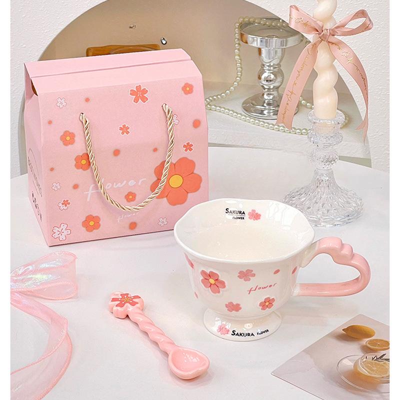Sakura Mug with Spoon for Women's Office Coffee Cup Simple Ceramic Breakfast Cup Household Milk Cup Portable Box