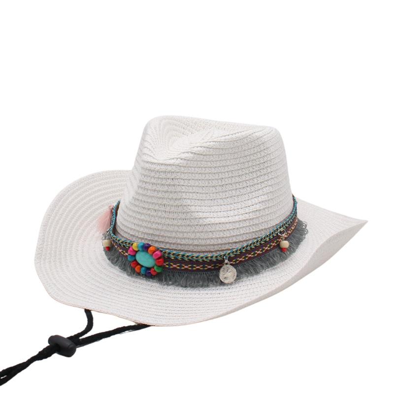 Cowboy Straw Hat Women's Summer Travel Sun Protection Visor Year New Ethnic Style Jazz Hat Big Brim Beach Hat