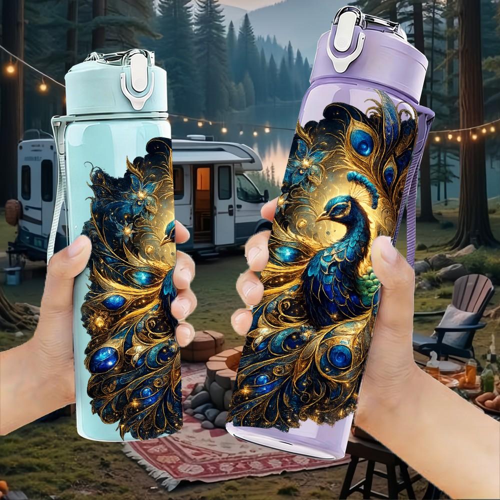 1PC Peacock Feather Vibrant Bird Art Print 750ml Color Plastic Sports Water Bottle Leakproof Flip Straw Lid Suitable for Sports Office Home Use