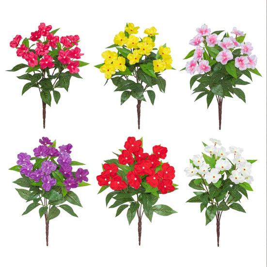 5 Stems Artificial Impatiens Flowers Bouquet for Outdoor UV Resistant Faux Silk Flowers for Outside Front Porch Garden Window Box Planter Decor