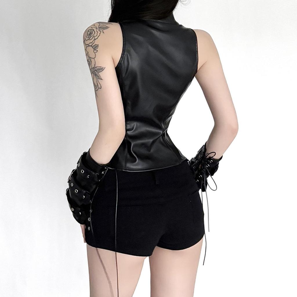 Gothic Punk Dark Style Leather Vest - Metal Decorated Sleeveless Top for Motorcycle & Cool Girl Group