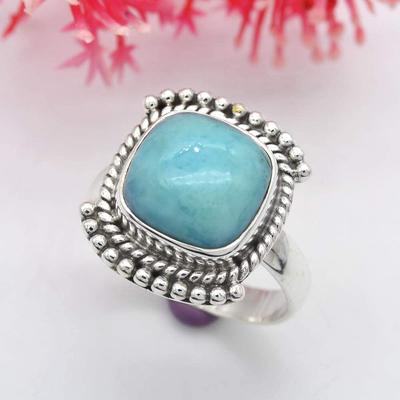 925 Sterling Silver Ring Solid Blue Stone Ring Natural Larimar-(8.46 Cts) Gemstone