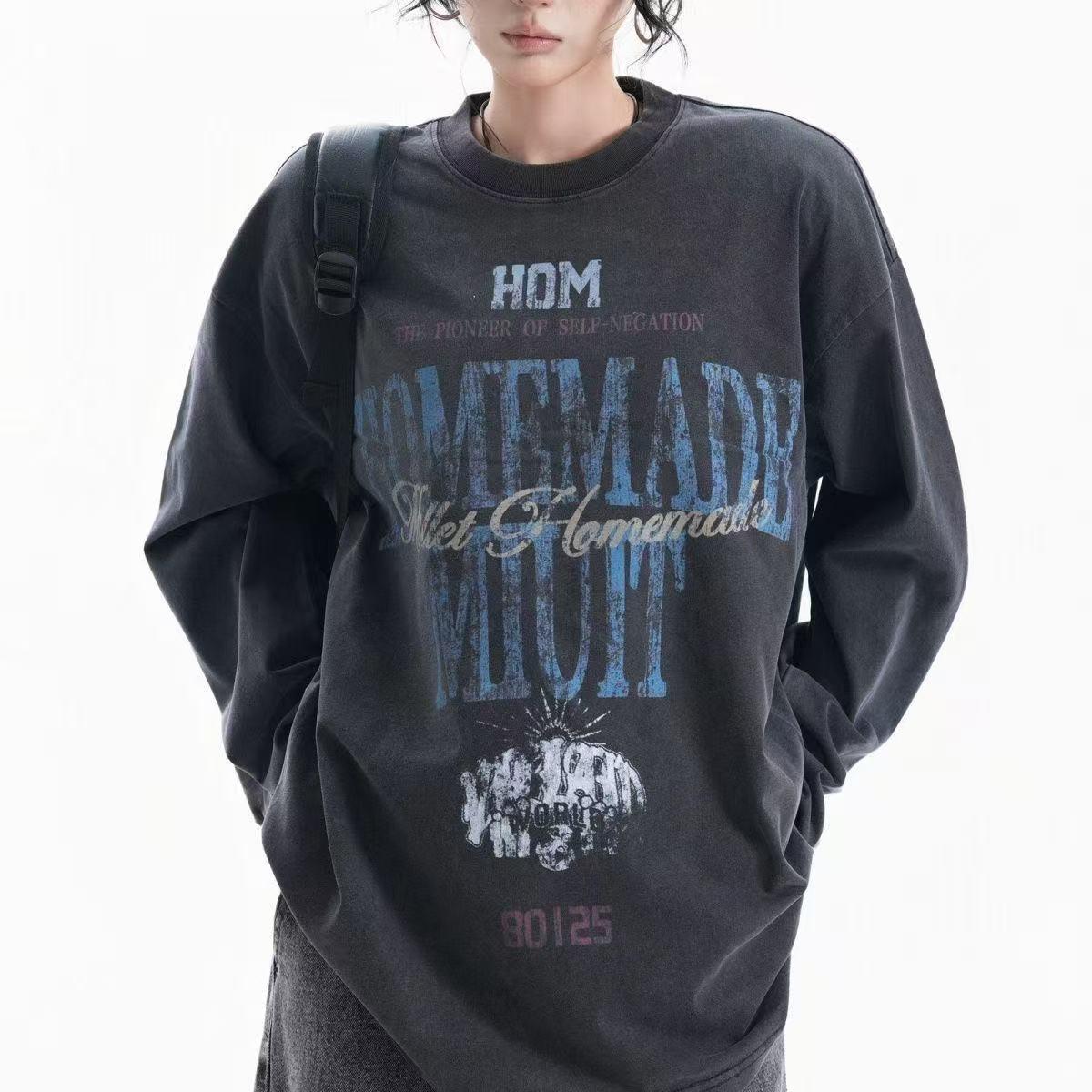 

2025 Vintage Distressed Long Sleeve Tee: Washed Print, Loose Fit, Round Neck, Autumn/Winter XXL