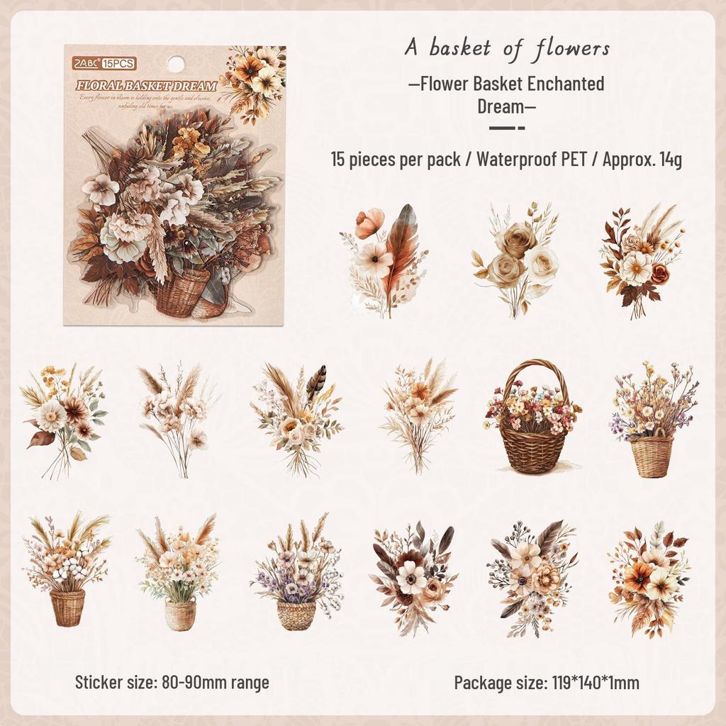 ZABC Retro Floral PET Sticker Pack: 15 Sheets for Romantic Floral-Themed Journaling