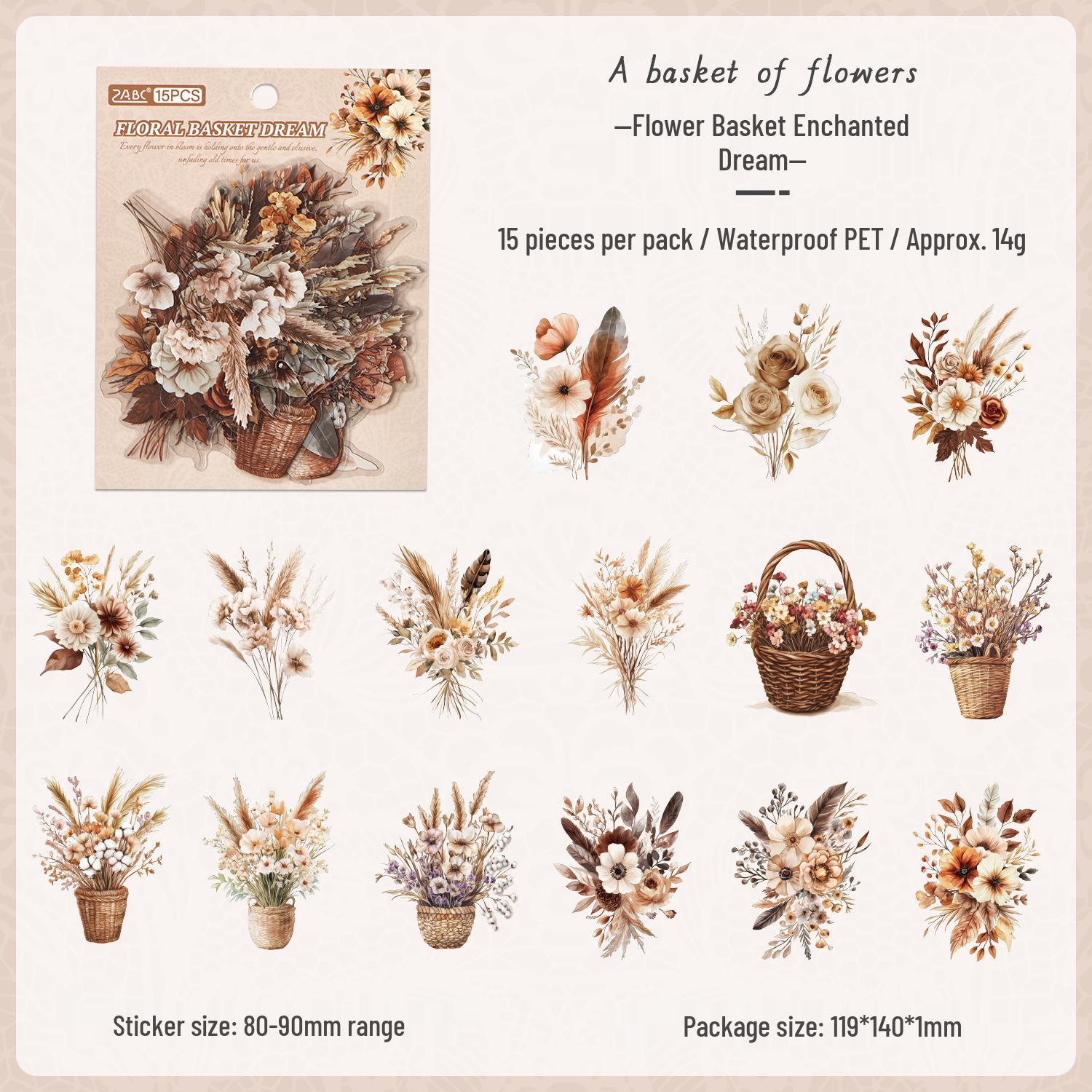 ZABC Ретро Цветочный ПЭТ Набор Наклеек: 15 листов для романтического journaling в цветочном стиле