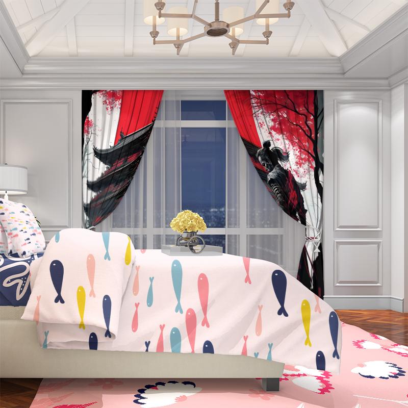 2 Curtains In Samurai Print - Polyester - Suitable for Bedroom, Living Room, Study, Private Space + Magnetic Binding