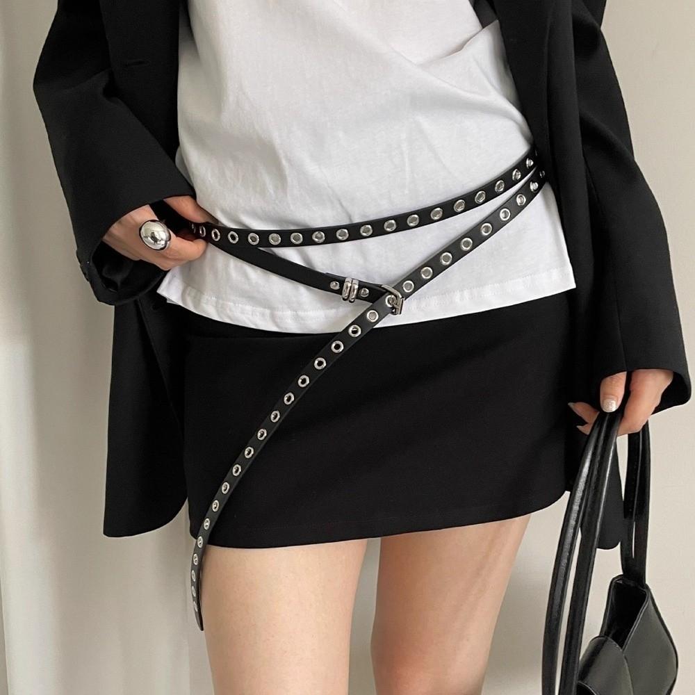 Extra Long Thin Double Layer Circle Chain Adjustable Rivet Eyelet Knotted Belt  Music Festival