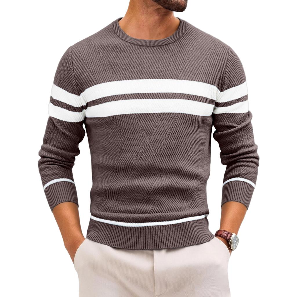 Mens Striped Print Pullover Sweater Slim Fit Lightweight Neck Long Sleeve Jumper Sweaters