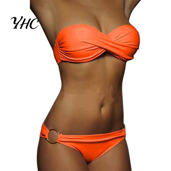 Traje de Baño 2 Piezas/Set Bikini de Verano Color Sólido Push Sin Tirantes Simple Traje de Baño para Mujer para la Playa