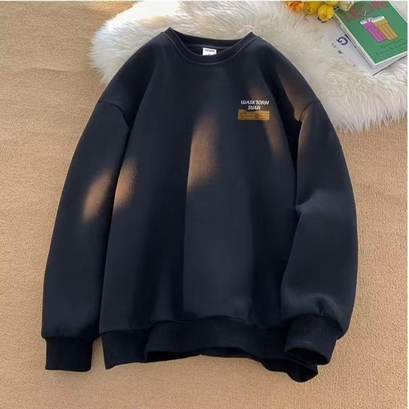 Men's Retro Heavyweight Crewneck Sweatshirt - Hong Kong Style, Plus Velvet, Loose Fit for Autumn/Winter