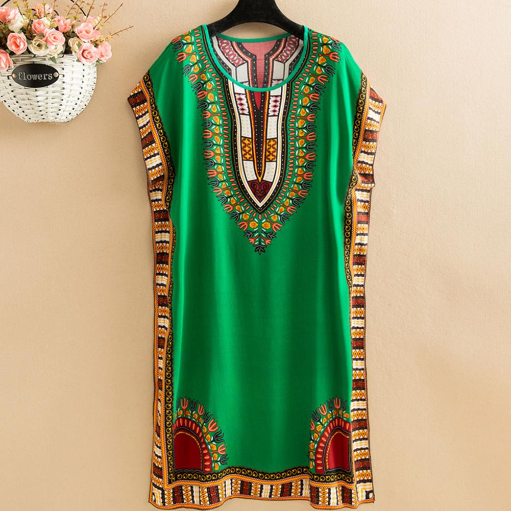 Sommer Ethnischer Stil Damenkleid Rundhalsausschnitt Druck Kontrastfarbe Geometrischer Druck Pullover Locker Kurze Ärmel Midi-Kleid